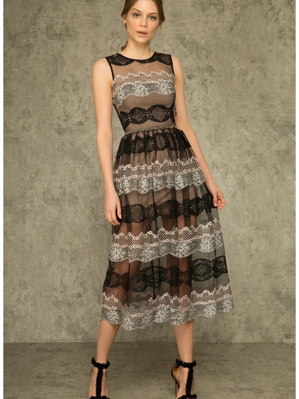 Bronx and Banco Caprese Lace & Mesh Cocktail Midi Dress, US 6